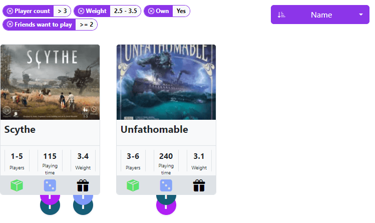 Screenshot of Meeple Party's filtering feature.